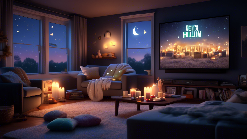 Digital artwork of a cozy living room at twilight, with a modern TV displaying logos of Netflix, Hulu, and other streaming platforms, surrounded by popcorn, soft blankets, and glowing candles, while o