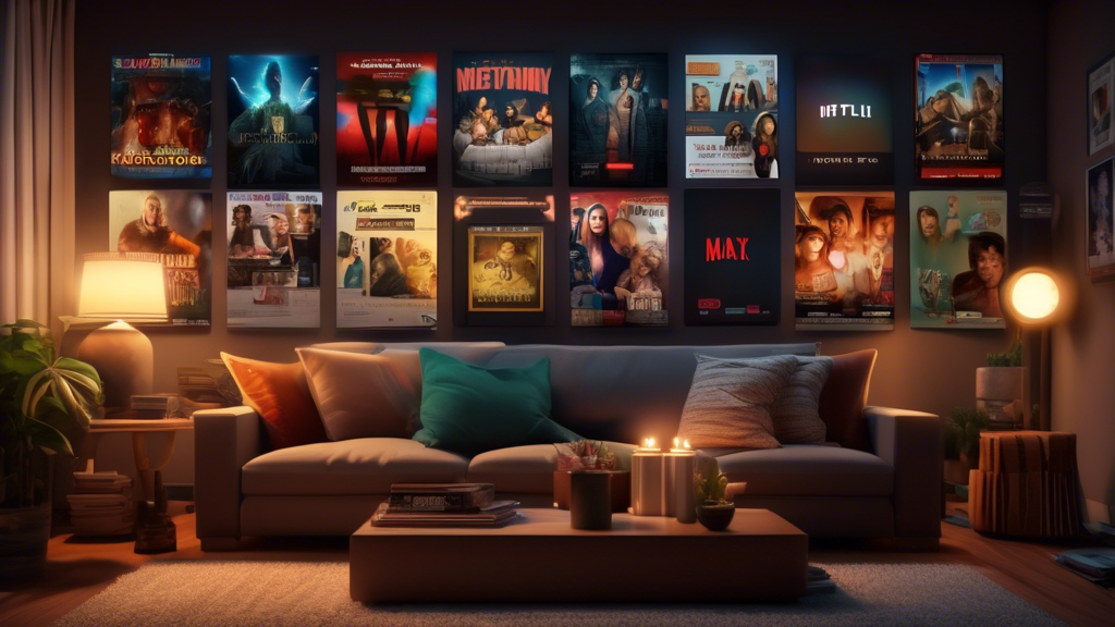 A cozy living room at night with a large flat-screen TV displaying icons for Netflix, Hulu, and Max, surrounded by movie posters for the top 7 movies recommended for the weekend.