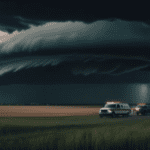 A dramatic illustration of a massive tornado over a panoramic view of the Midwest, with dark storm clouds and swirling winds across farmlands, as people and emergency vehicles react below.