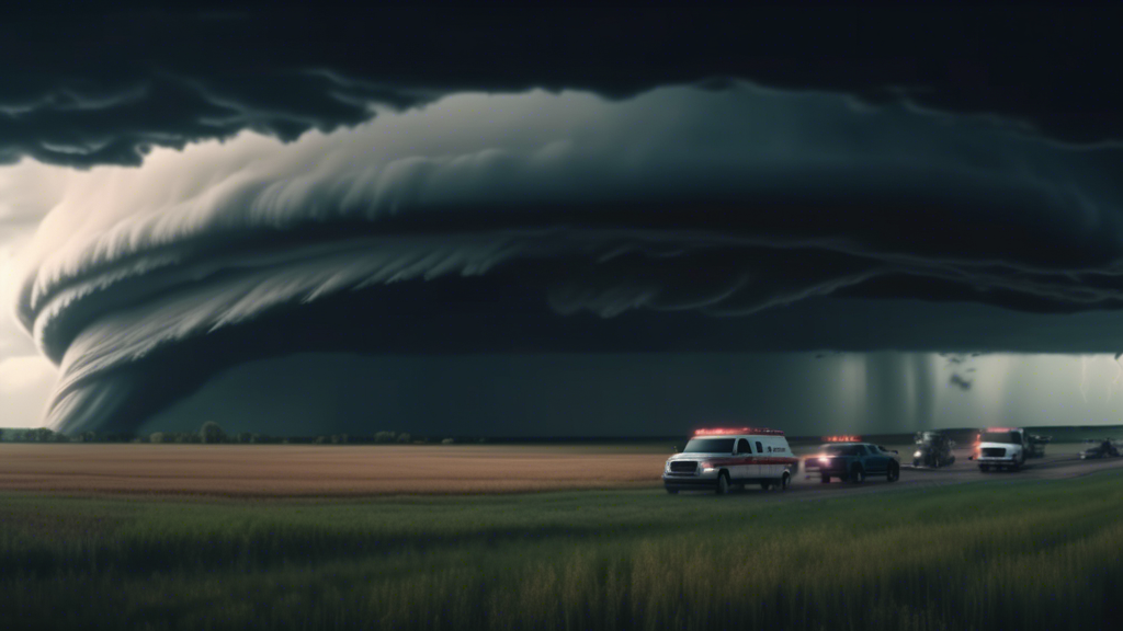 A dramatic illustration of a massive tornado over a panoramic view of the Midwest, with dark storm clouds and swirling winds across farmlands, as people and emergency vehicles react below.
