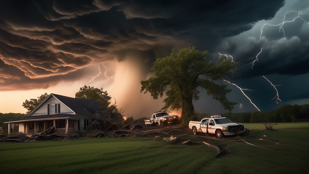 Create an intense, cinematic scene of a powerful tornado approaching a rural Kentucky landscape at sunset, with debris swirling in the air, including branches and roof parts. The foreground shows a ro