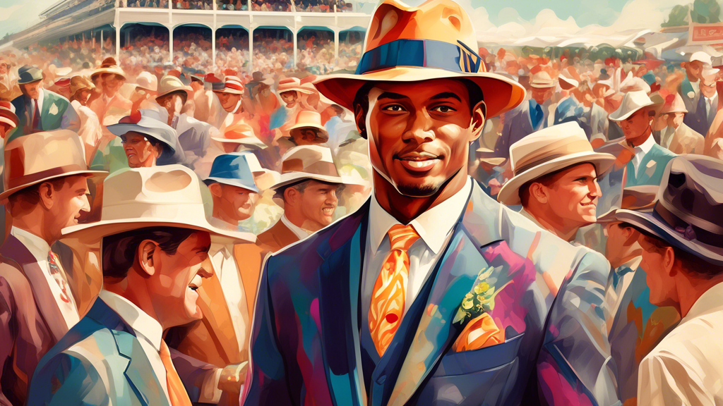 Create an elegant and colorful illustration of an NFL player at the Kentucky Derby dressed in a stylish suit and a classic fedora, surrounded by onlookers, with horse racing motifs in the background.