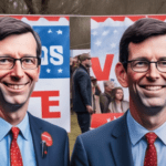 Dual portraits of two men named Bob Ferguson, both dressed in smart suits, placed side by side at a political rally with 'Vote for Bob Ferguson' banners in the background, illustrating the voter confu
