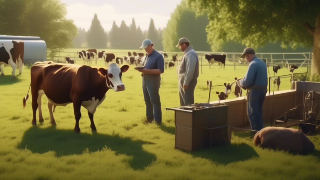 An idyllic rural farm scene depicting U.S. farmers examining cows in a lush pasture, using sophisticated testing equipment for bird flu, under a banner of financial incentive offers, with curious bird