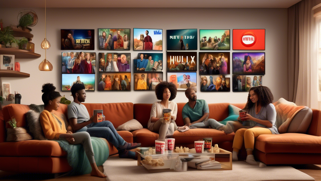 An artistic and cozy living room filled with various screens simultaneously displaying the logos of Netflix, Prime Video, Apple TV, and Hulu, with a diverse group of people of different ages and ethni