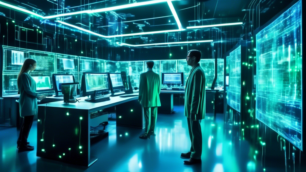 A futuristic AI laboratory filled with advanced computer screens displaying complex neural network algorithms, with scientists in modern attire analyzing and modifying lines of code on transparent hol
