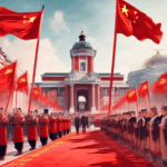Digital artwork of a grand welcome ceremony in Serbia for Xi Jinping, featuring traditional Serbian dancers, a red carpet, and a crowd waving Chinese and Serbian flags, with historic Belgrade architec