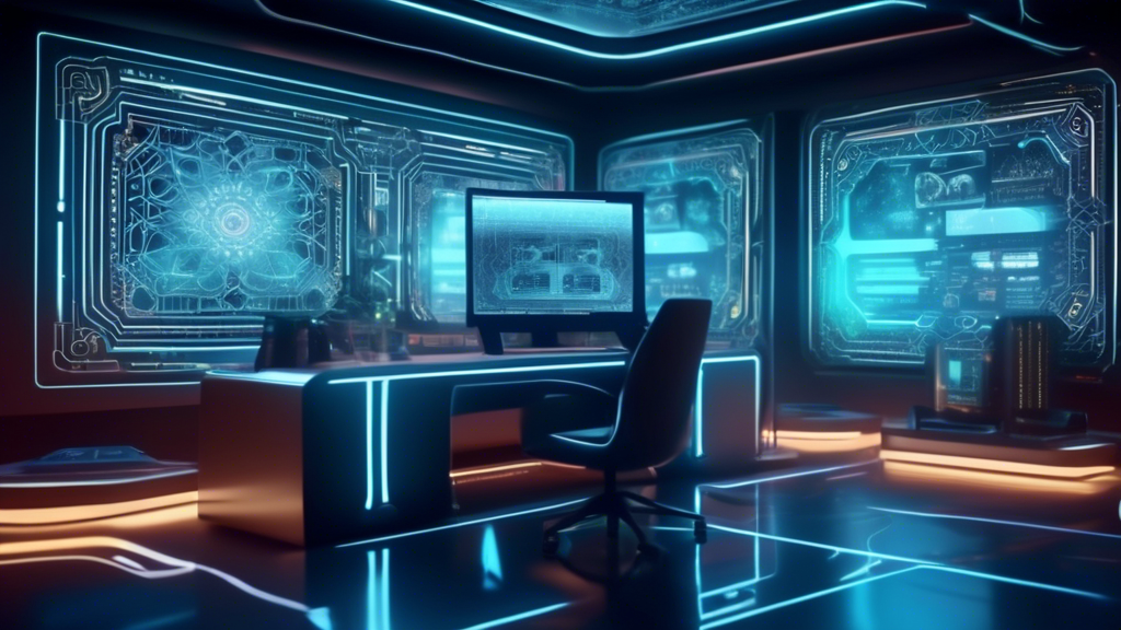 An intricate digital artwork of a futuristic computer workspace, featuring a sleek, modern terminal with holographic displays and interactive interfaces, all styled with the traditional Moroccan Zelli