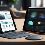 Digital illustration of a sleek, modern iPad Pro displaying its settings menu with the new reduced refresh rate option enabled, situated in a stylish workspace environment. In the background, a second