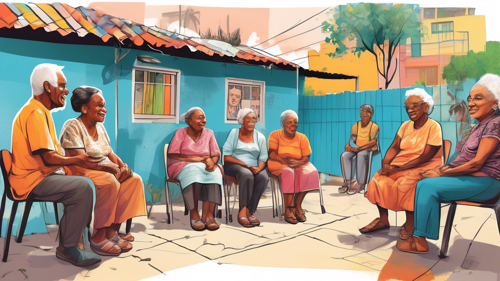 An illustration of a diverse group of older adults participating in a community-centered therapy session in an economically disadvantaged area of Guarulhos, Brazil. The setting includes modest houses,