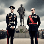 Create an image featuring King Charles and Prince William standing together in a solemn yet hopeful scene at a D-Day commemoration ceremony. Both figures are dressed in formal attire, surrounded by hi