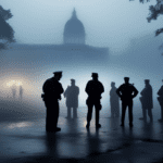 Create a dramatic scene of a famous tourist spot at dusk, shrouded in an eerie, foggy atmosphere. In the foreground, have a group of concerned authorities gathered around a hidden, partially obscured