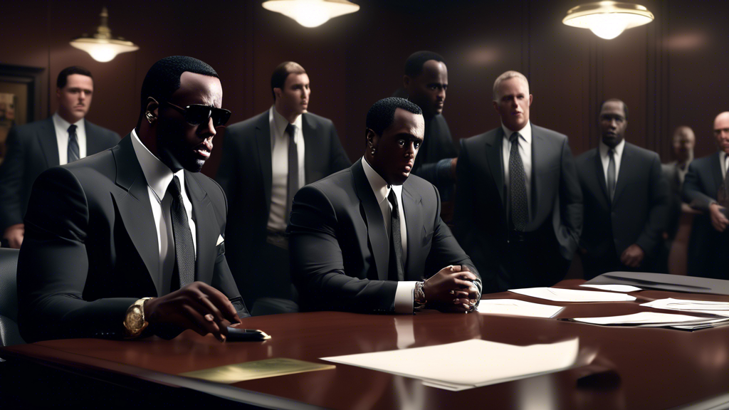 Create a detailed illustration that captures a serious federal investigation scene related to Sean 'Diddy' Combs. Include agents in dark suits, files and folders on a large table, and a dramatic spotl