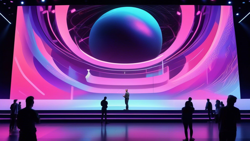 Create a futuristic illustration showcasing an Apple stage at WWDC 2024, with a large screen displaying 'iOS 18'. The atmosphere should be charged with excitement, featuring attendees, tech enthusiast