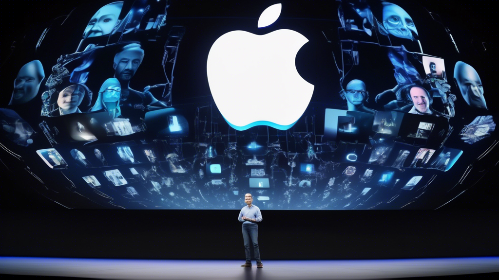 Create an image of Apple's CEO presenting at the WWDC conference, with the Apple logo prominently displayed. The background should feature futuristic AI technology like robots, holograms, and neural n