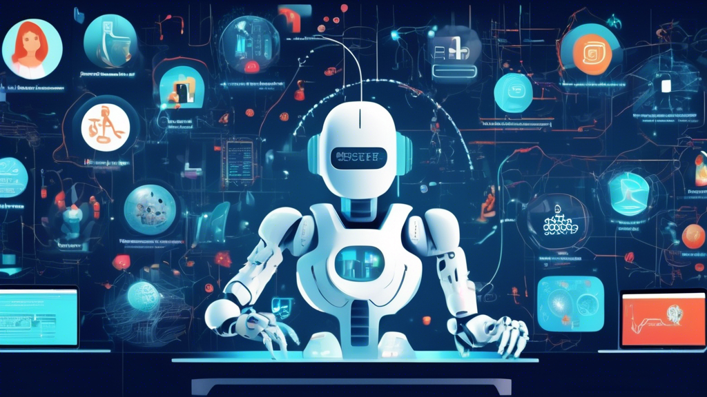 Create an image depicting a futuristic newsroom with a large digital screen displaying This Week In Artificial Intelligence. On the screen, show key headlines with icons: Apple's AI Privacy Initiative