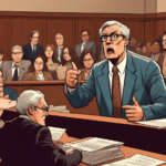 Create an image of a courtroom setting with a tense atmosphere. Show a stern-looking defense attorney in mid-argument, pointing towards a bespectacled, older district attorney who appears calm but ste