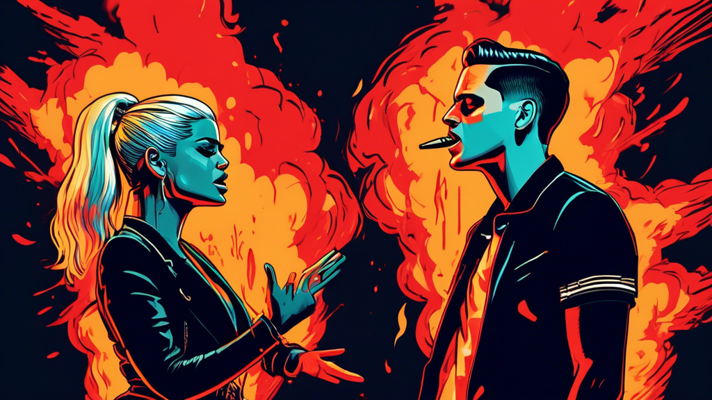 A vibrant illustration capturing the essence of a heated argument between Bebe Rexha and G-Eazy. Bebe Rexha is depicted with fiery and animated expressions, while G-Eazy appears aloof and indifferent.