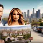 Create an image depicting Ben Affleck and Jennifer Lopez standing on opposite sides of a bustling Los Angeles real estate market. On each side, they are holding property brochures with luxurious house
