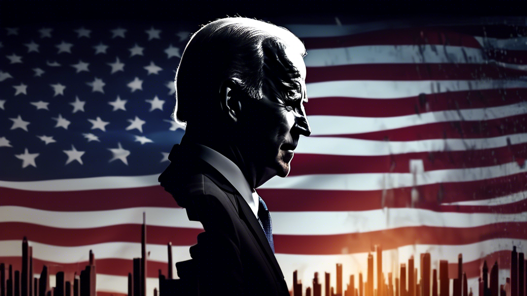Create an image illustrating the impact of a political crisis on the stock market, with President Joe Biden's silhouette in the background. Depict fluctuating stock graphs, tumbling stock symbols, and