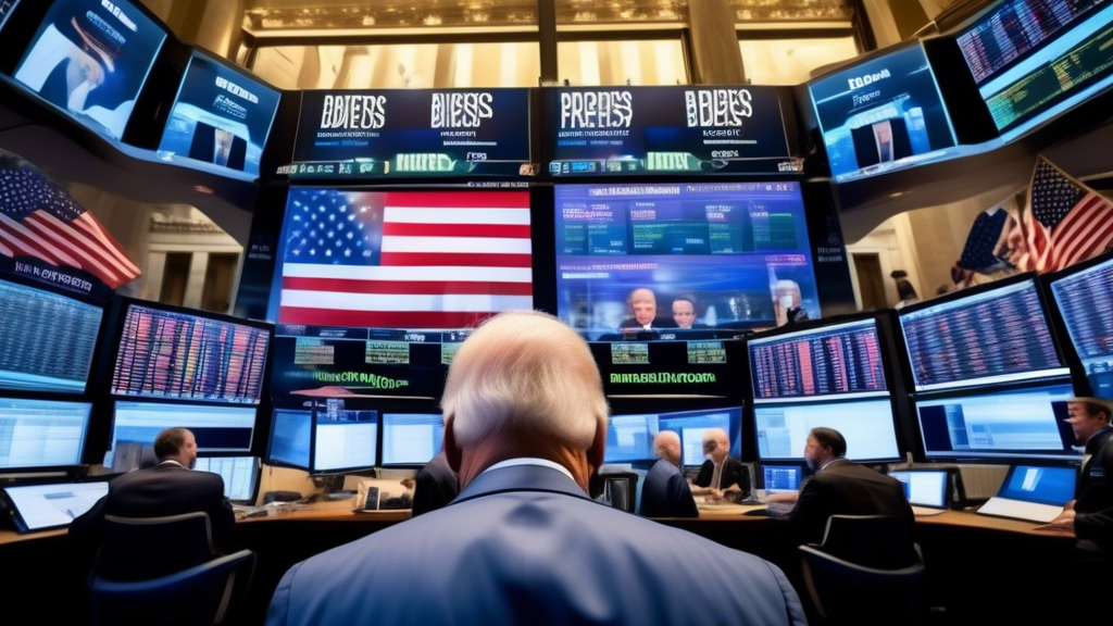 Create an image depicting financial markets reacting to the symbolic departure of U.S. President Biden, featuring a bustling stock exchange with traders responding to the news. Include visual elements