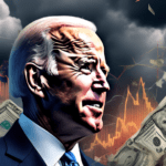 Create an image portraying an abstract representation of economic uncertainty, featuring a fragmented portrait of President Biden, with fluctuating stock market graphs and symbols of economic indicato