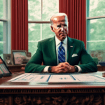 A digital illustration depicting President Joe Biden looking uncertain and concerned at his desk in the Oval Office, with a backdrop of fluctuating stock market graphs and charts displaying sharp rise