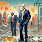 Generate a digital illustration that portrays President Joe Biden standing at a crossroads. One path represents his political future, adorned with symbols of progress, hope, and various political indi