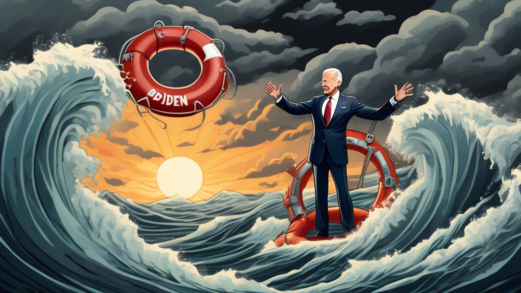 Create a detailed political cartoon-style image depicting President Joe Biden standing in the middle of a stormy sea. The waves around him are labeled with various political and economic challenges, s