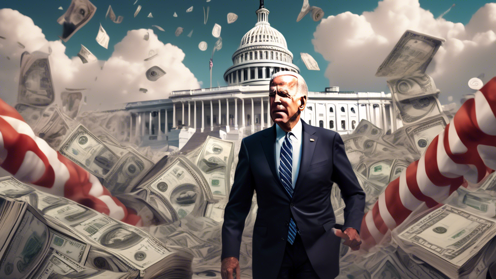 Illustration of economic landscape with turmoil and fluctuation, set against a backdrop of the US Capitol building with President Biden in the foreground, looking concerned. Elements like crashing sto