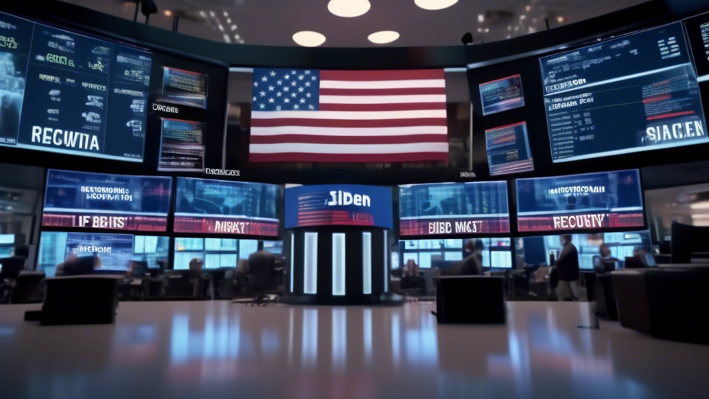 Create an image showing a bustling stock exchange floor with screens displaying positive market graphs and a digital news ticker overhead with the headline 'Biden's Removal and Market Recovery.' In th