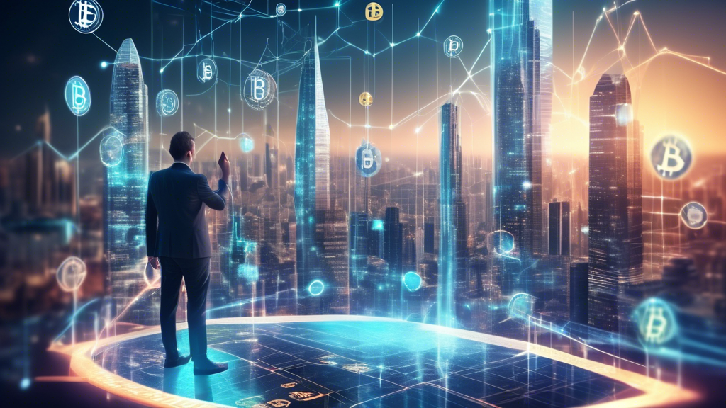 Create a visually engaging image of a futuristic digital landscape, showcasing Bitcoin symbols, blockchain networks, and financial graphs with an upward trend. Include diverse individuals interacting