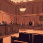 Create an illustration depicting a somber, legal-themed setting. Show a courtroom with empty seats and a judge's bench, featuring prominently a sign that reads Hearings Canceled. The atmosphere should