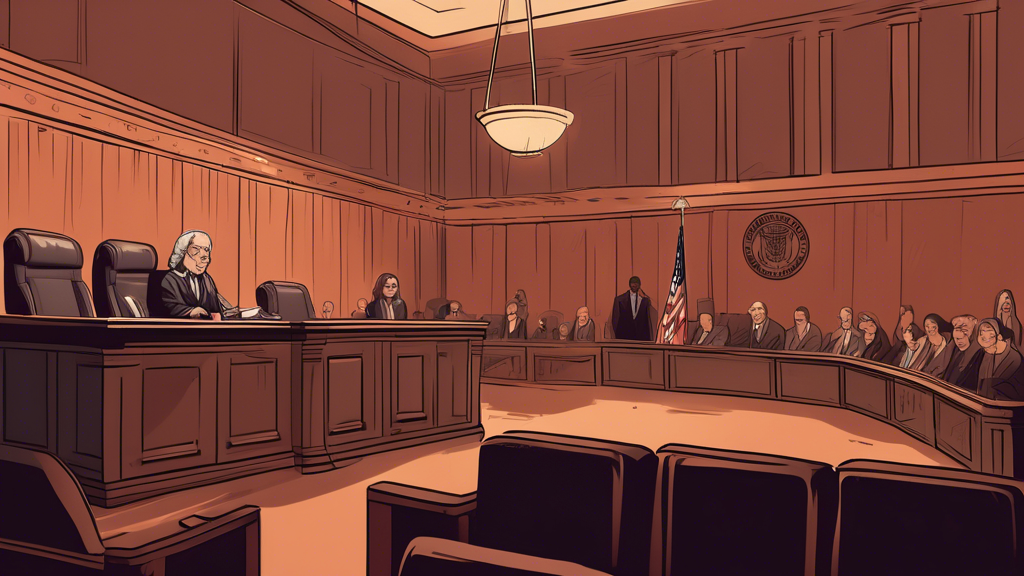 Create an illustration depicting a somber, legal-themed setting. Show a courtroom with empty seats and a judge's bench, featuring prominently a sign that reads Hearings Canceled. The atmosphere should