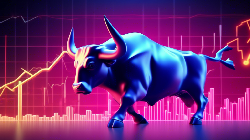 Create an illustration of a bull enthusiastically charging upwards through a financial graph, symbolizing rapid market growth. The background should include various financial symbols like dollar signs