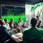 Create an image showing a group of investors excitedly gathered around a large screen displaying a bullish stock market chart with soaring upward trends and green arrows. The background should include