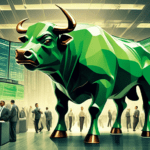 Create an image of a dynamic stock market scene with a bold bull figure majestically overlooking a bustling trading floor. Traders are excitedly analyzing charts and graphs that showcase upward trends