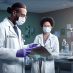 Create an image featuring a scientist in a lab coat and gloves examining a patient with flu-like symptoms while holding a clipboard. The background should include medical equipment and a chart showing