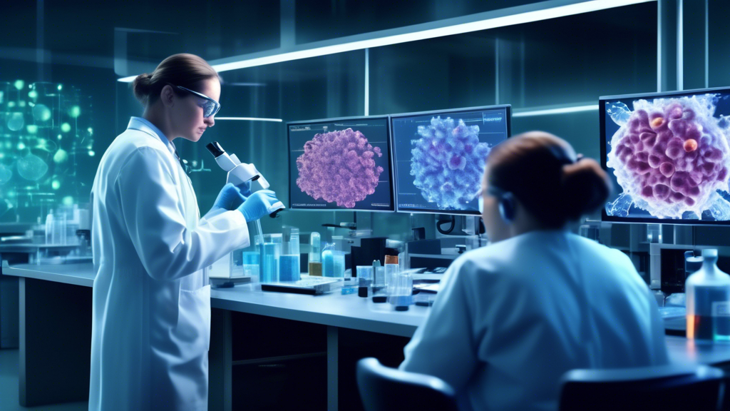 Create a detailed, realistic illustration of CDC scientists in a high-tech laboratory, analyzing samples of flu strains under a microscope. The background displays data on screens and charts, showcasi
