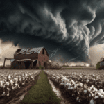 Create an image depicting the aftermath of a tornado striking a cotton farm. Show a dramatic, stormy sky with dark, swirling clouds, debris scattered across the fields, and cotton plants uprooted and