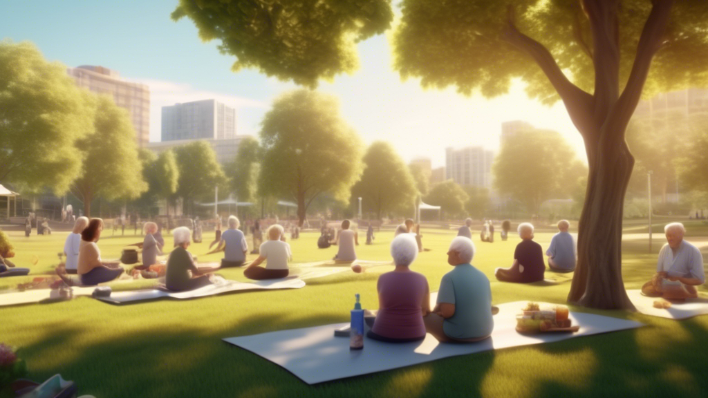 Create an image depicting a serene and sunny park scene where elderly individuals engage in various healthy activities such as walking, yoga, and picnicking. In the background, a large outdoor movie s