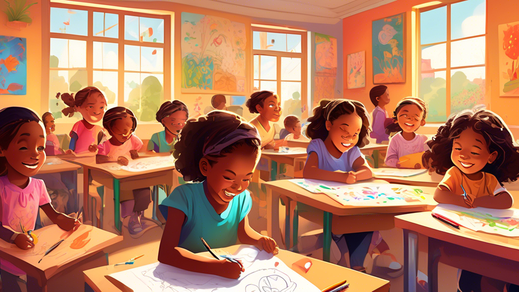 An illustration of a vibrant classroom filled with young children joyfully participating in a drawing program. Kids of diverse backgrounds are eagerly sketching and coloring at their desks, while a nu