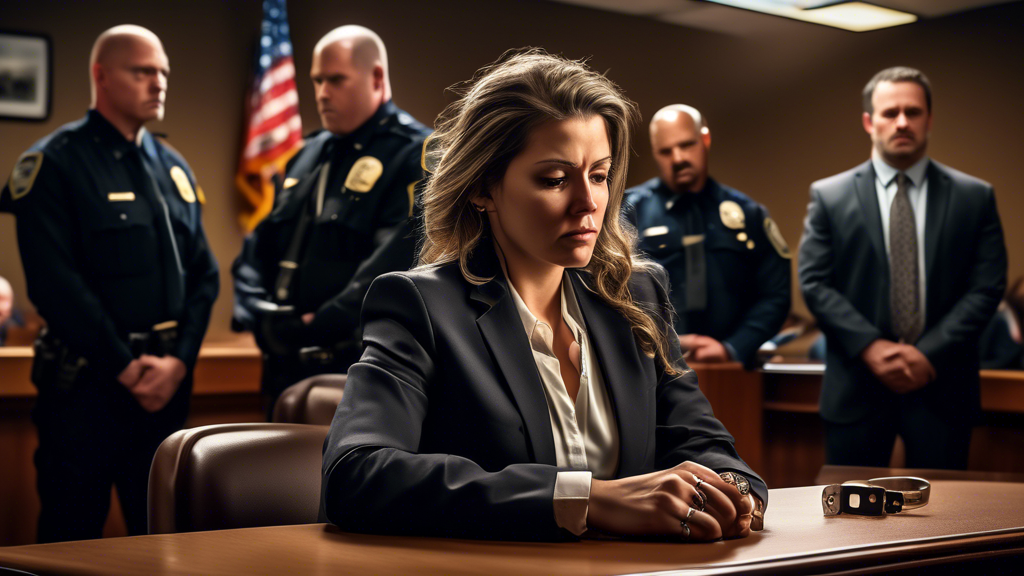 Create a realistic and emotional scene of a courtroom with Colorado authorities and attorneys discussing an $8.5 million settlement. Include a visual focus on a somber woman representing the victim, w