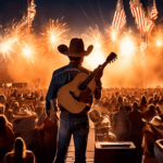 A vibrant, awe-inspiring scene at a massive outdoor concert venue in Texas, with a sea of enthusiastic fans holding cowboy hats and waving American flags. The setting sun casts a golden glow over the