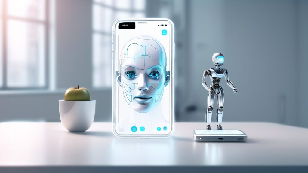 Create an image depicting a futuristic, sleek, transparent iPhone floating above a pristine white desk. The phone's screen displays a holographic interface with complex algorithms and code. In the bac