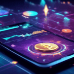Create a futuristic visual of a bustling digital marketplace filled with various cryptocurrencies, represented as glowing icons and charts. Include holographic graphs, analytical data points, and a di