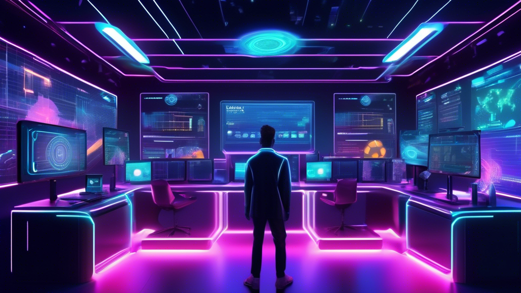 Create a futuristic, high-tech scene set in 2024, showcasing a bustling cryptocurrency market. Incorporate holographic displays projecting graphs, trends, and forecasts for various digital currencies