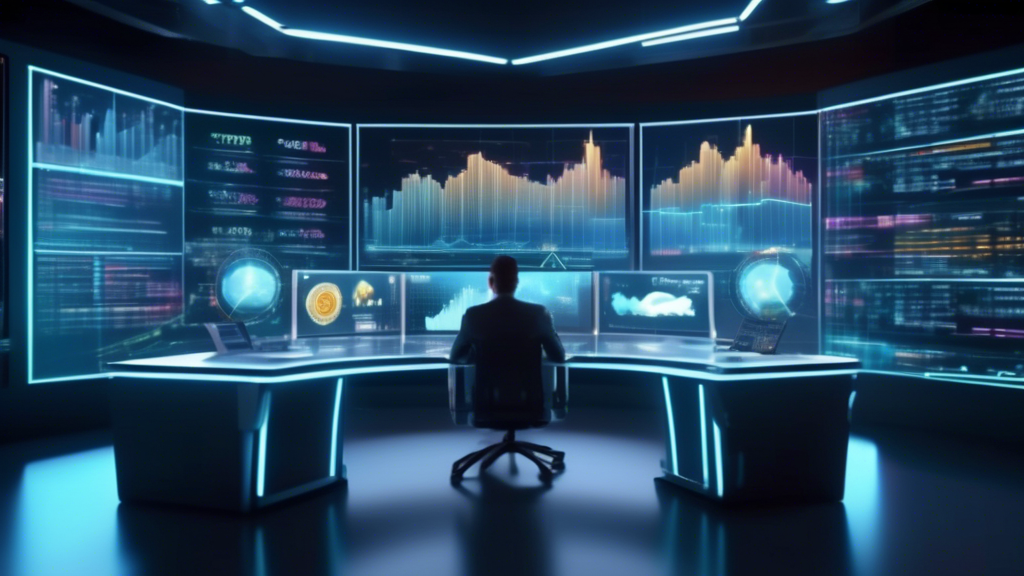 Create an image of a futuristic, high-tech financial analyst workspace with multiple holographic screens displaying real-time crypto market data, trends, and forecasts. Include a modern financial advi