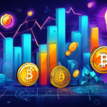 Create a detailed and dynamic illustration showing various cryptocurrency coins such as Bitcoin, Ethereum, and Dogecoin fluctuating on a graph. The graph should display rising and falling trends, surr
