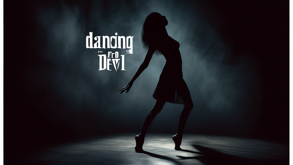 Create a dramatic cinematic poster for a documentary titled Dancing for the Devil, featuring a dancer in mid-motion with a shadowy, ominous figure looming in the background. The dancer should look dis